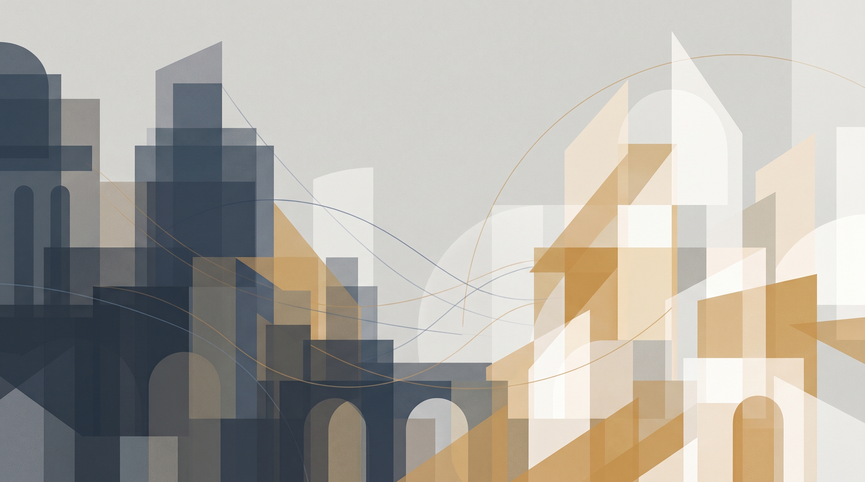 Conceptual illustration of a layered city skyline in slate blue and ochre, where older angular blocks dissolve into lighter emerging forms while faint threads arc between two dense clusters