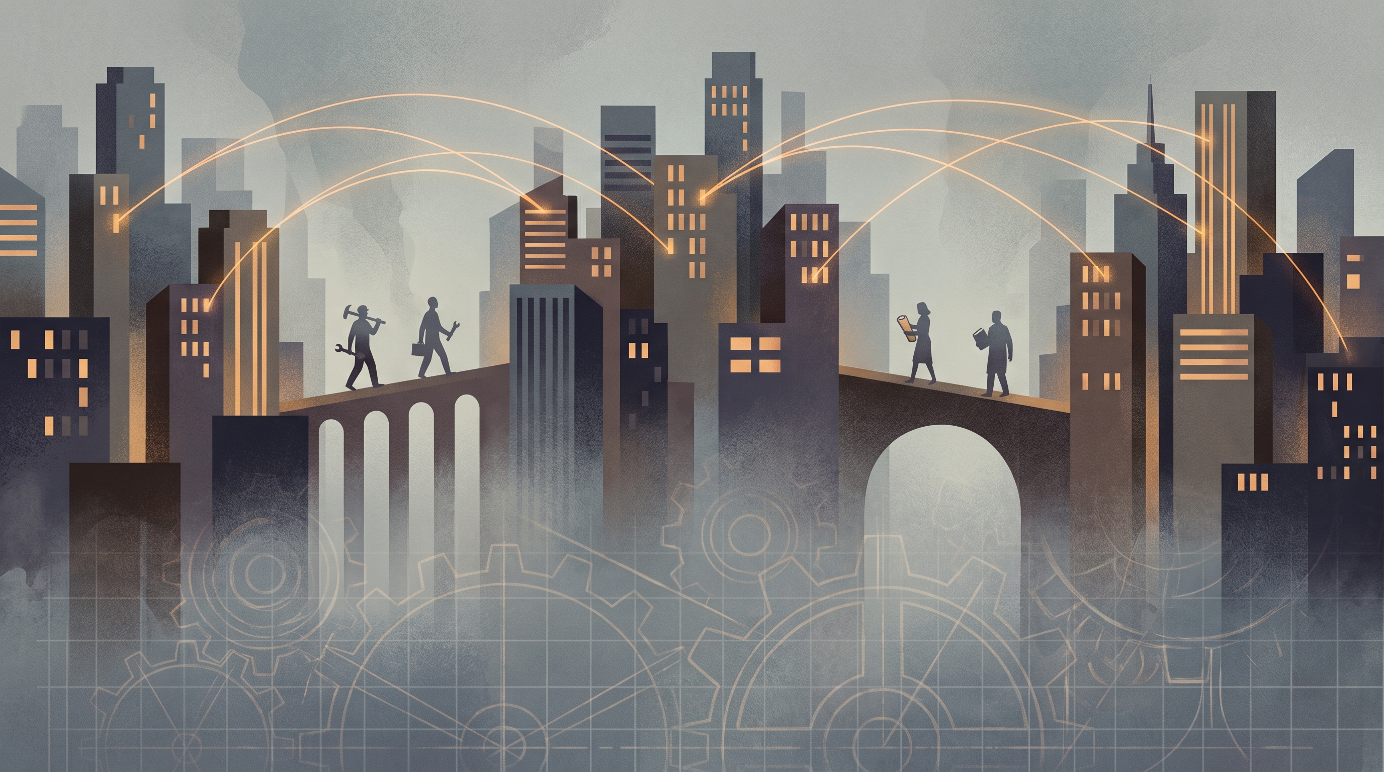 Conceptual illustration of small human silhouettes walking between three abstract city skylines, linked by glowing threads and faint gear and blueprint shapes representing knowledge circulating between urban centres.