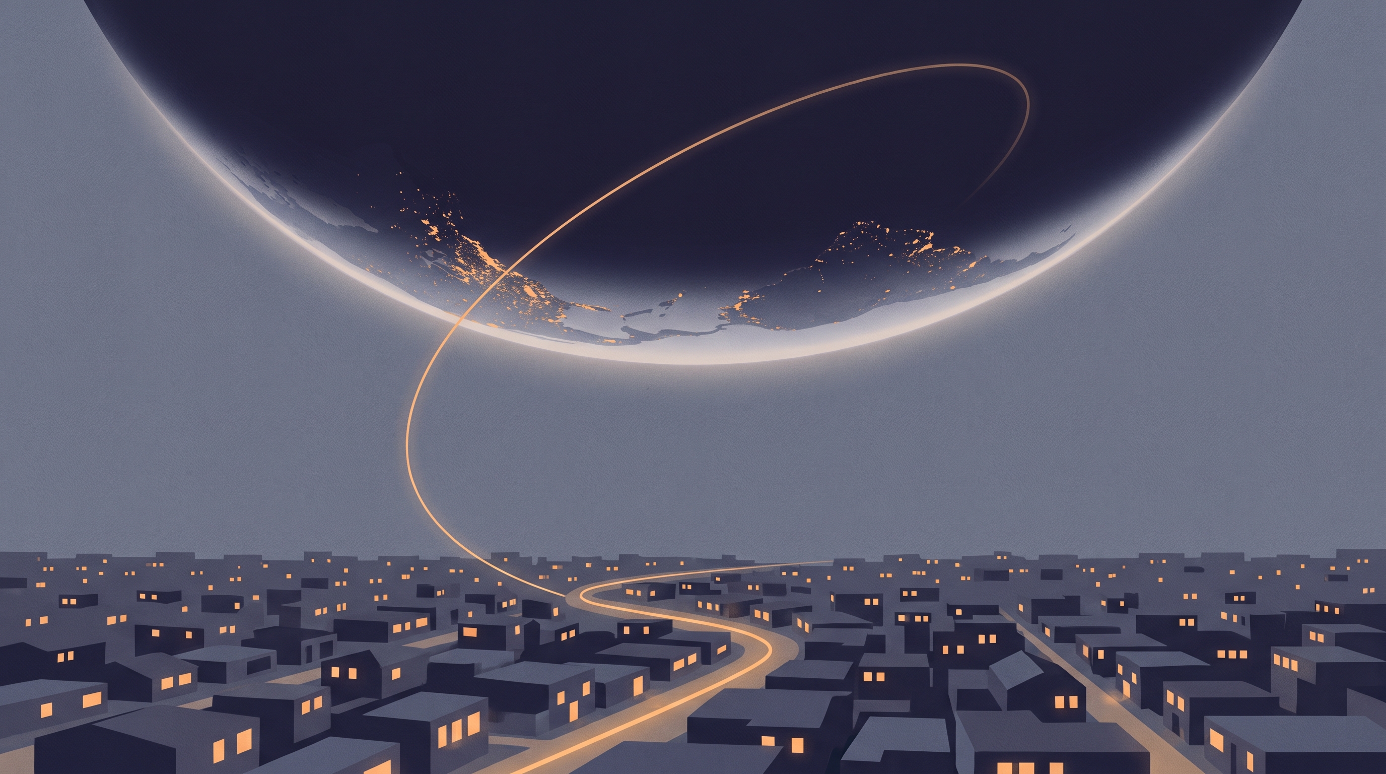 Conceptual illustration in indigo and amber: a glowing curve of Earth's night side scattered with city lights above, the same pattern repeating below as lit windows of a low-rise neighbourhood, with one thin arcing line joining orbit to street.