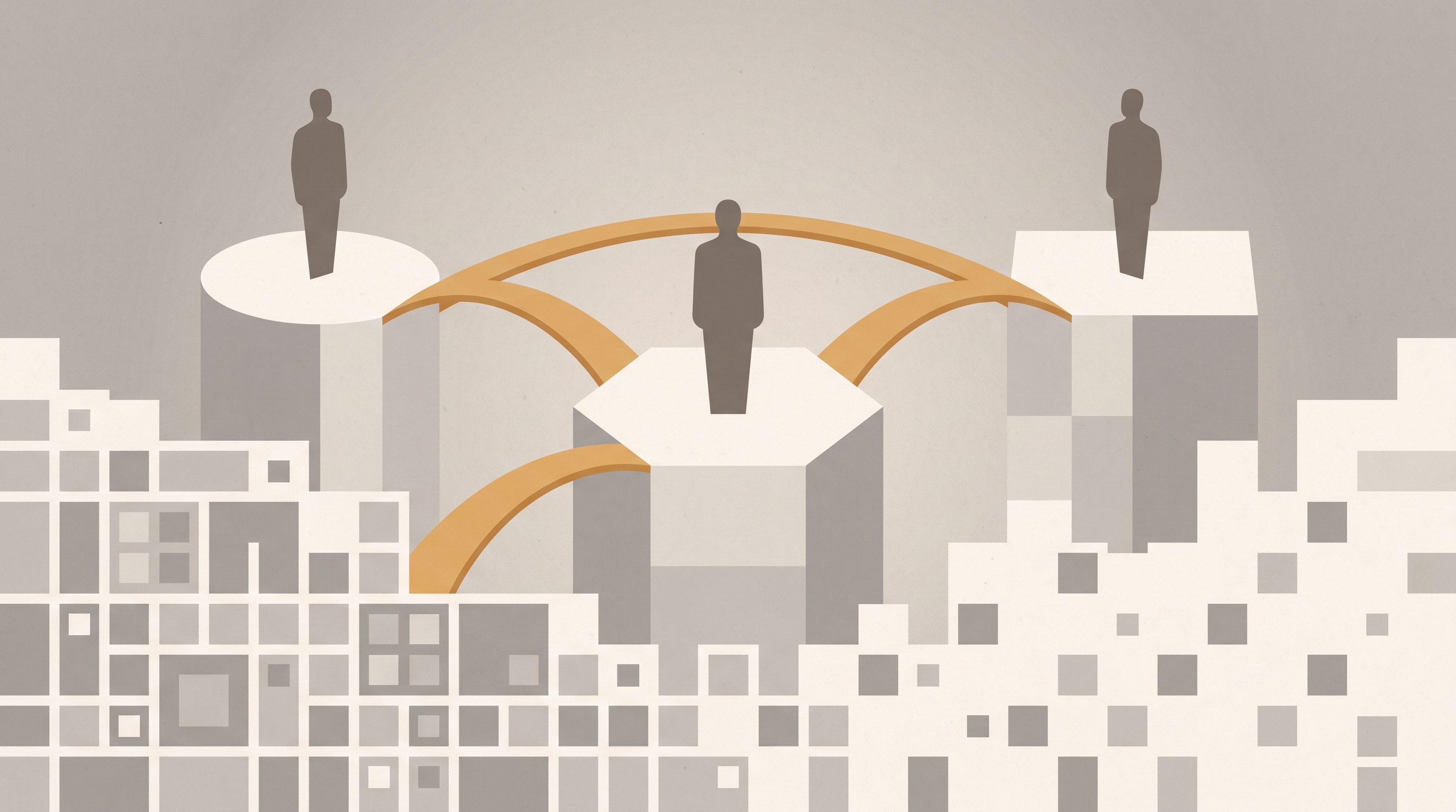 Conceptual illustration of three abstract human figures on separate raised platforms linked by thin bridges, above a stylised city grid that shifts from dense ordered blocks to scattered sparse forms.
