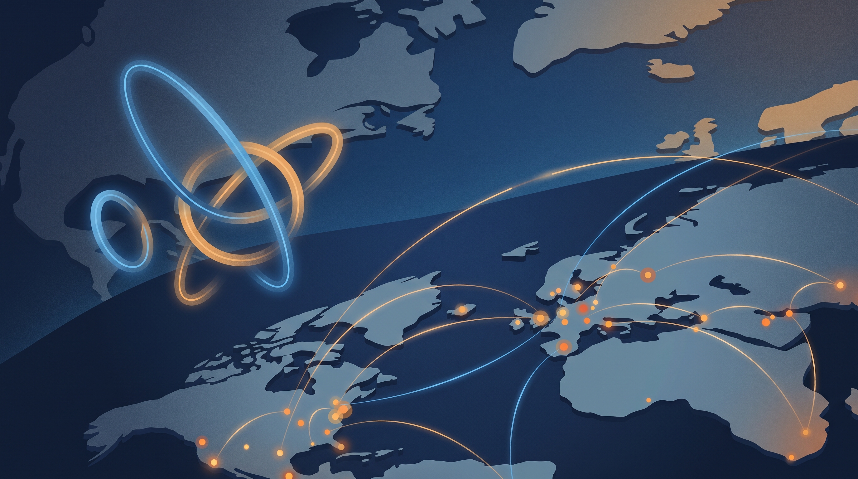 Abstract illustration of glowing circular circuit loops linked by thin light paths above a simplified, label-free map of coastlines and small city points.