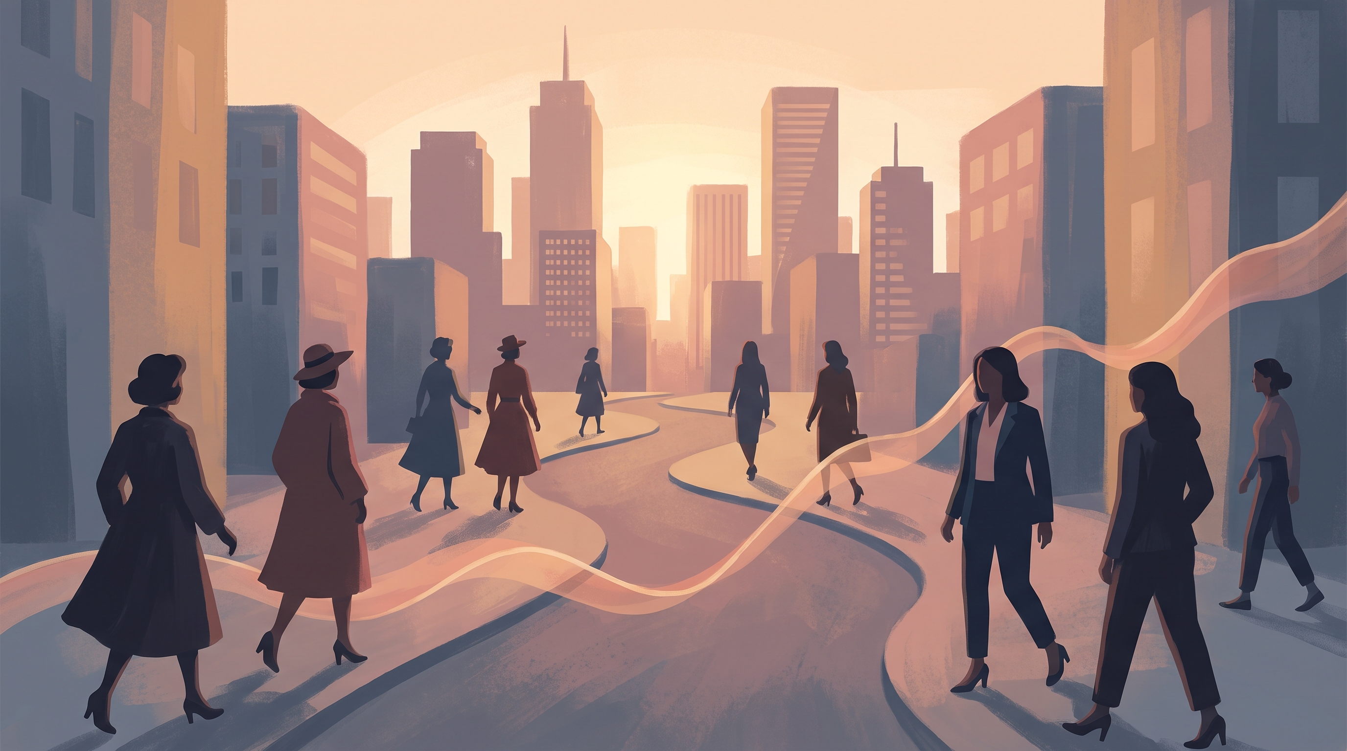 Illustration of a city skyline at dawn, with silhouettes of women dressed in the styles of different eras walking toward office buildings and a flowing line-graph ribbon winding through the streets