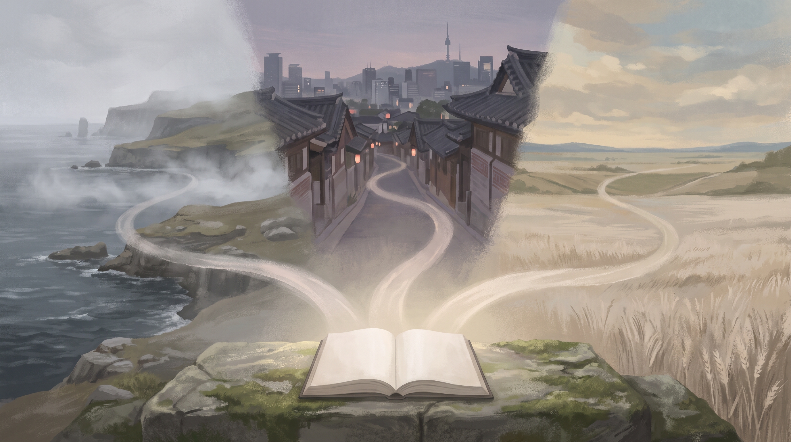 Illustration of three faint paths, from a misty northern coastline, a city skyline at dusk and a flat open plain, meeting at an open blank book under soft light.